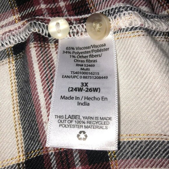 Terra & Sky Womens Plus Size 3X White Burgundy Plaid Long Sleeve Button Up Shirt - Picture 10 of 11